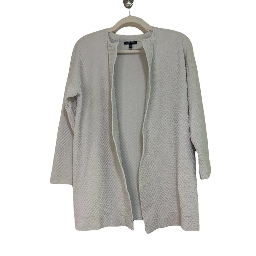 Eileen Fisher Bone Silk and Cotton Interlock Jacquard Knit Long Sleeve Jacket SP